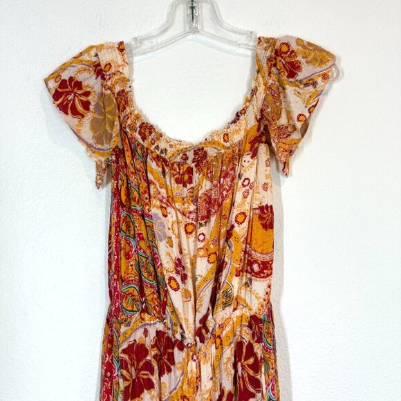 Free People Carmen Off the Shoulder Jumpsuit Orange Red Paisley XS - Picture 6 of 14